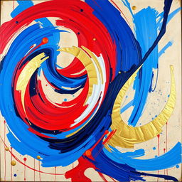 A vibrant abstract painting featuring swirling colors of blue, red, and gold