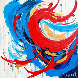A vibrant abstract painting featuring swirling colors of blue, red, and gold
