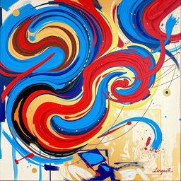 A vibrant abstract painting featuring swirling colors of blue, red, and gold