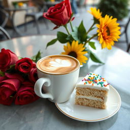 A delicious cappuccino served in a beautiful ceramic cup, with creamy froth on top, alongside a piece of moist pastel (cake) adorned with colorful icing