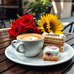 A delicious cappuccino served in a beautiful ceramic cup, with creamy froth on top, alongside a piece of moist pastel (cake) adorned with colorful icing