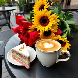 A delicious cappuccino served in a beautiful ceramic cup, with creamy froth on top, alongside a piece of moist pastel (cake) adorned with colorful icing