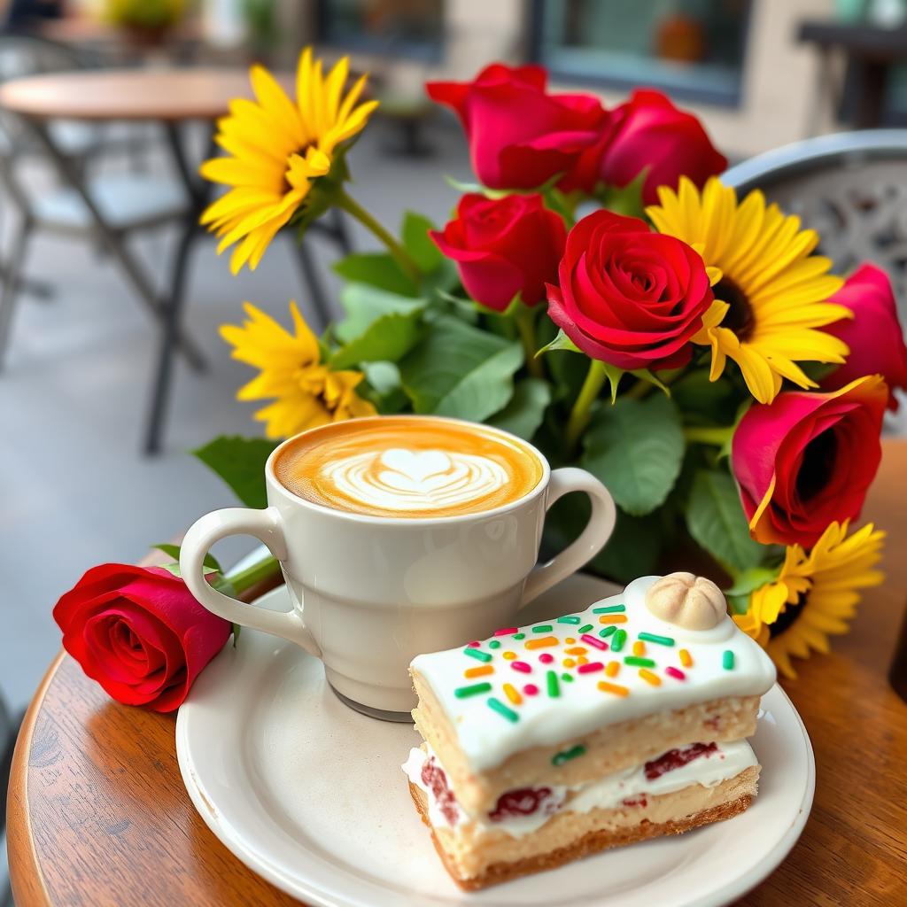 A delicious cappuccino served in a beautiful ceramic cup, with creamy froth on top, alongside a piece of moist pastel (cake) adorned with colorful icing