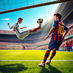 A dynamic soccer scene capturing Cristiano Ronaldo in action, triumphantly scoring a goal while Lionel Messi looks on, showcasing Ronaldo's strength and agility