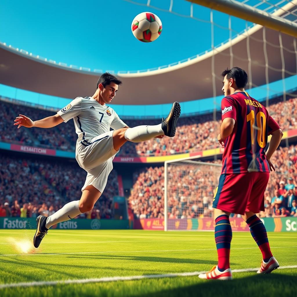 A dynamic soccer scene capturing Cristiano Ronaldo in action, triumphantly scoring a goal while Lionel Messi looks on, showcasing Ronaldo's strength and agility