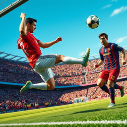 A dynamic soccer scene capturing Cristiano Ronaldo in action, triumphantly scoring a goal while Lionel Messi looks on, showcasing Ronaldo's strength and agility