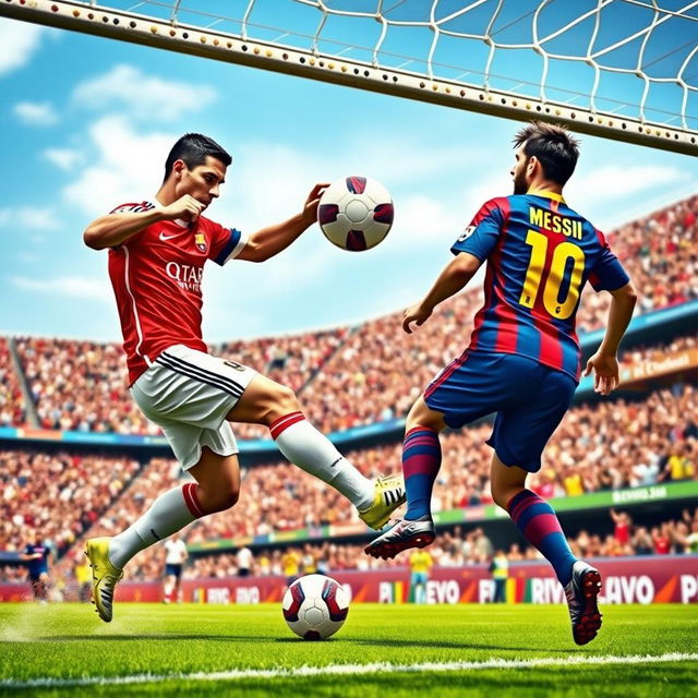 A dynamic soccer scene capturing Cristiano Ronaldo in action, triumphantly scoring a goal while Lionel Messi looks on, showcasing Ronaldo's strength and agility