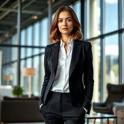 A confident woman in a sleek formal outfit, showcasing an elegant black blazer over a crisp white blouse, paired with tailored trousers