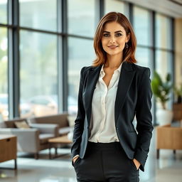 A confident woman in a sleek formal outfit, showcasing an elegant black blazer over a crisp white blouse, paired with tailored trousers