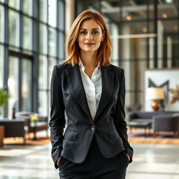 A confident woman in a sleek formal outfit, showcasing an elegant black blazer over a crisp white blouse, paired with tailored trousers
