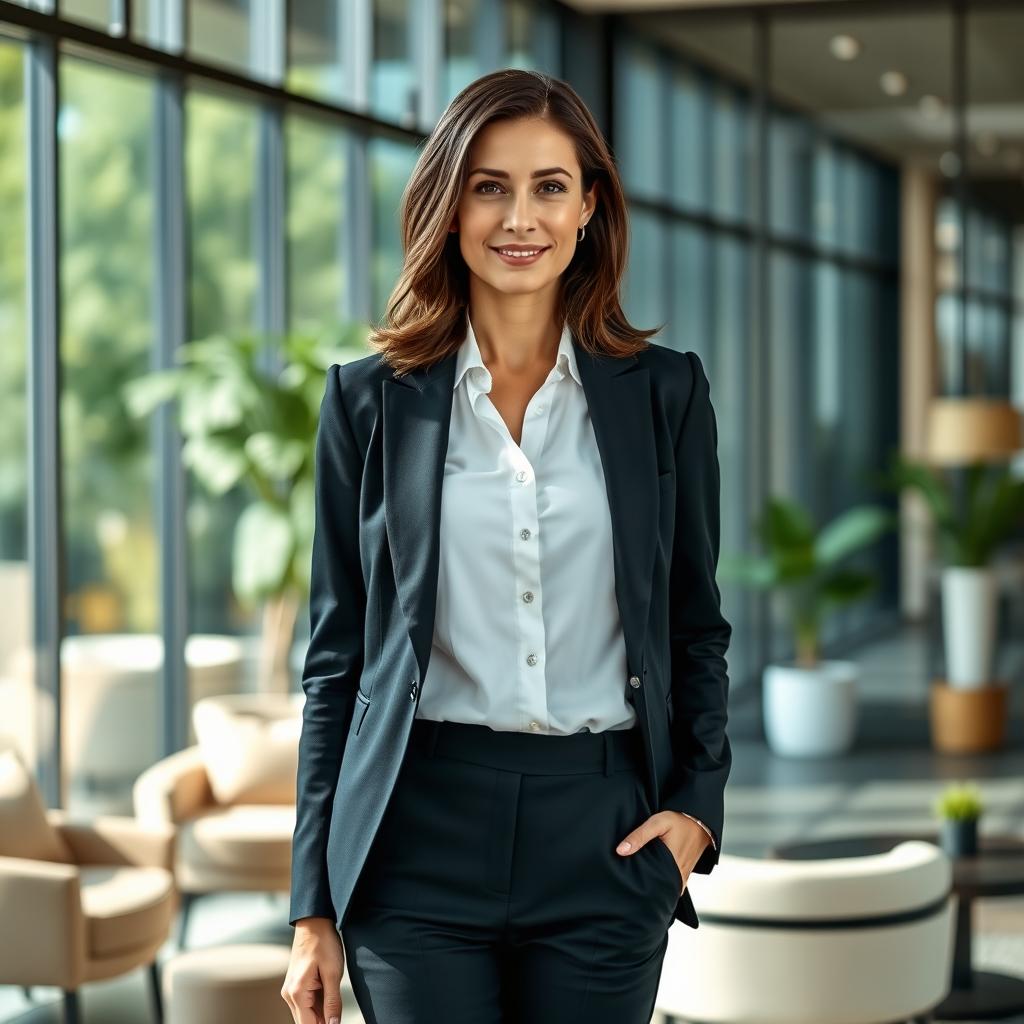 A confident woman in a sleek formal outfit, showcasing an elegant black blazer over a crisp white blouse, paired with tailored trousers
