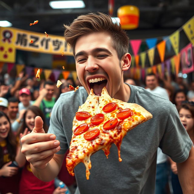 A dynamic action shot of a young man showcasing an impressive speed eating contest, devouring a large slice of pizza with exuberant enthusiasm