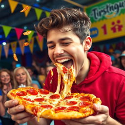 A dynamic action shot of a young man showcasing an impressive speed eating contest, devouring a large slice of pizza with exuberant enthusiasm