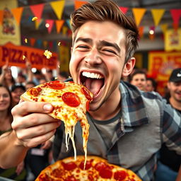 A dynamic action shot of a young man showcasing an impressive speed eating contest, devouring a large slice of pizza with exuberant enthusiasm