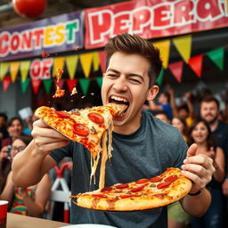 A dynamic action shot of a young man showcasing an impressive speed eating contest, devouring a large slice of pizza with exuberant enthusiasm