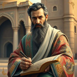 A portrait of Abolghasem Ferdowsi, the renowned Persian poet, set against a backdrop of ancient Persian architecture