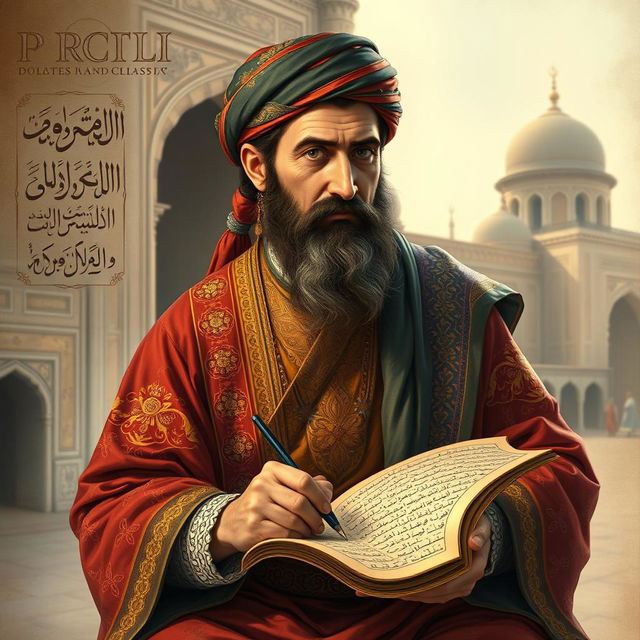 A portrait of Abolghasem Ferdowsi, the renowned Persian poet, set against a backdrop of ancient Persian architecture