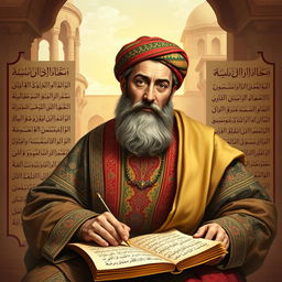 A portrait of Abolghasem Ferdowsi, the renowned Persian poet, set against a backdrop of ancient Persian architecture