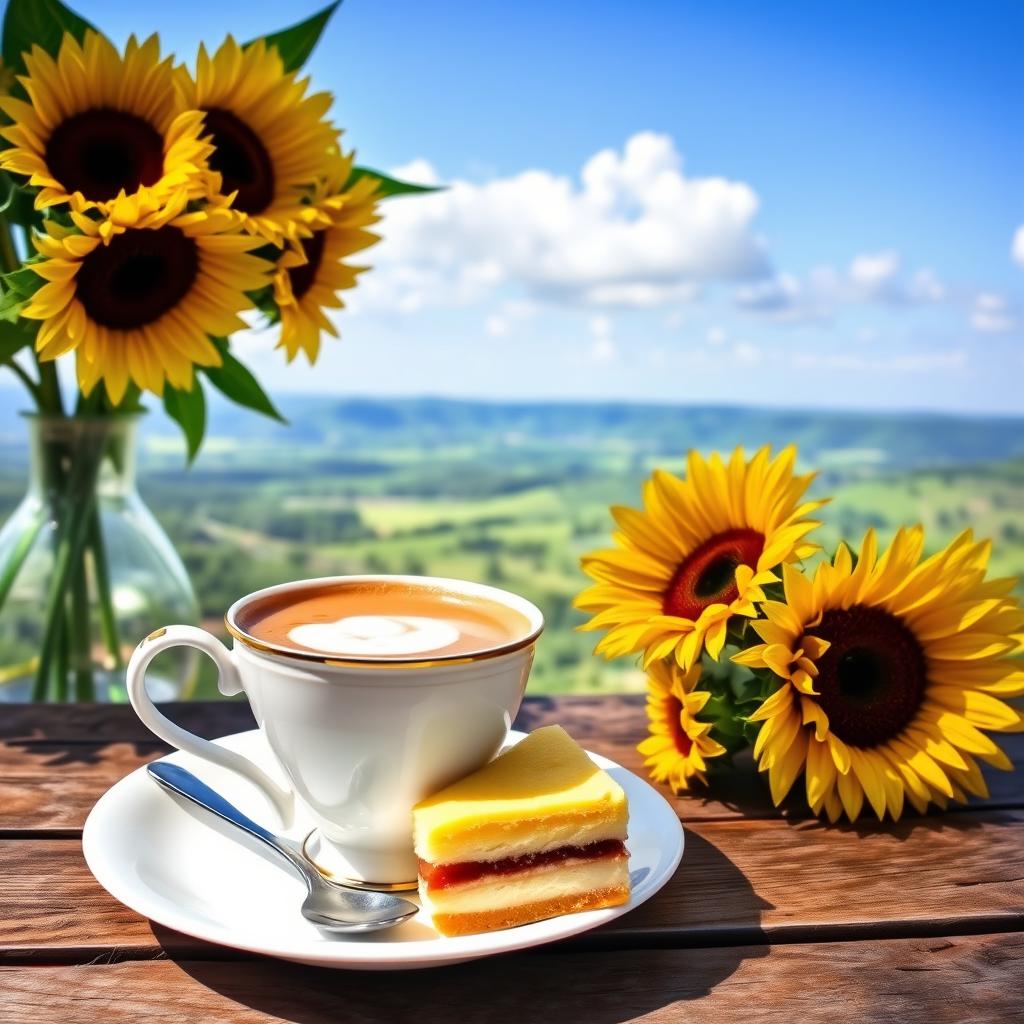 A charming scene featuring a cappuccino served in an elegant cup, accompanied by a delicious piece of pastel (cake) placed on a rustic wooden table