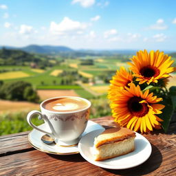 A charming scene featuring a cappuccino served in an elegant cup, accompanied by a delicious piece of pastel (cake) placed on a rustic wooden table