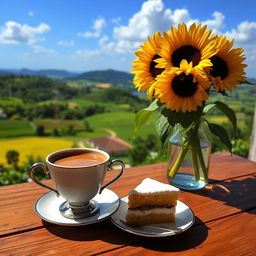 A charming scene featuring a cappuccino served in an elegant cup, accompanied by a delicious piece of pastel (cake) placed on a rustic wooden table