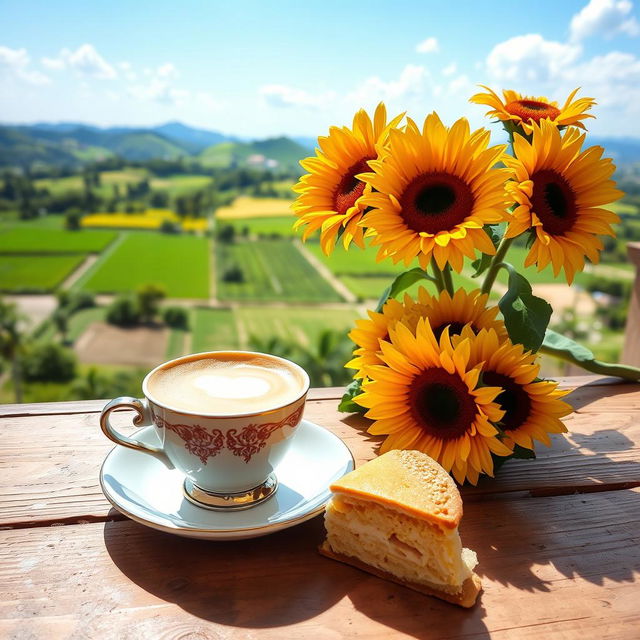 A charming scene featuring a cappuccino served in an elegant cup, accompanied by a delicious piece of pastel (cake) placed on a rustic wooden table