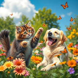 A heartwarming scene featuring a playful cat and a friendly dog sharing a sunny day in a lush garden