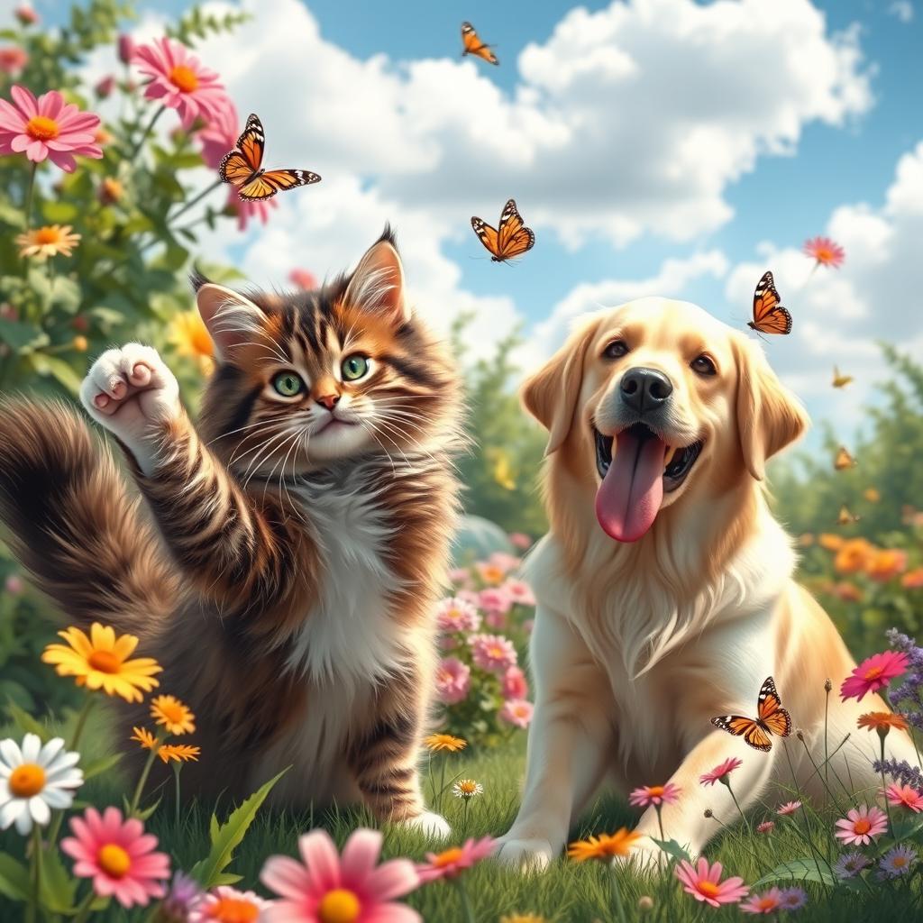 A heartwarming scene featuring a playful cat and a friendly dog sharing a sunny day in a lush garden