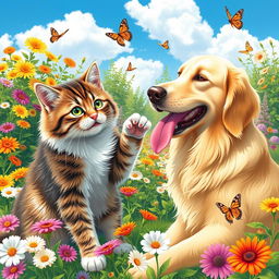 A heartwarming scene featuring a playful cat and a friendly dog sharing a sunny day in a lush garden