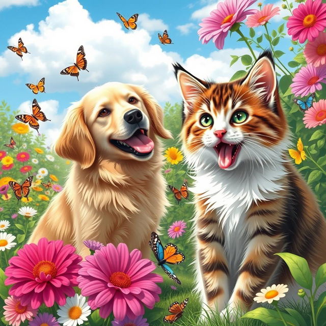 A heartwarming scene featuring a playful cat and a friendly dog sharing a sunny day in a lush garden