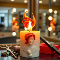 A creatively designed candle with a whimsical twist, featuring a flame that transforms into the figure of a flamboyant hair stylist