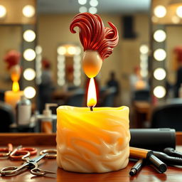 A creatively designed candle with a whimsical twist, featuring a flame that transforms into the figure of a flamboyant hair stylist