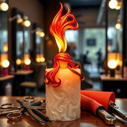 A creatively designed candle with a whimsical twist, featuring a flame that transforms into the figure of a flamboyant hair stylist