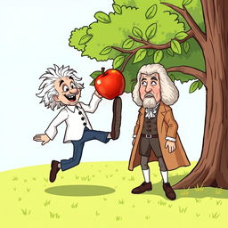 A humorous and imaginative illustration of Albert Einstein playfully kicking an apple that has just fallen onto the head of Isaac Newton