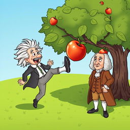 A humorous and imaginative illustration of Albert Einstein playfully kicking an apple that has just fallen onto the head of Isaac Newton