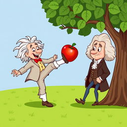 A humorous and imaginative illustration of Albert Einstein playfully kicking an apple that has just fallen onto the head of Isaac Newton