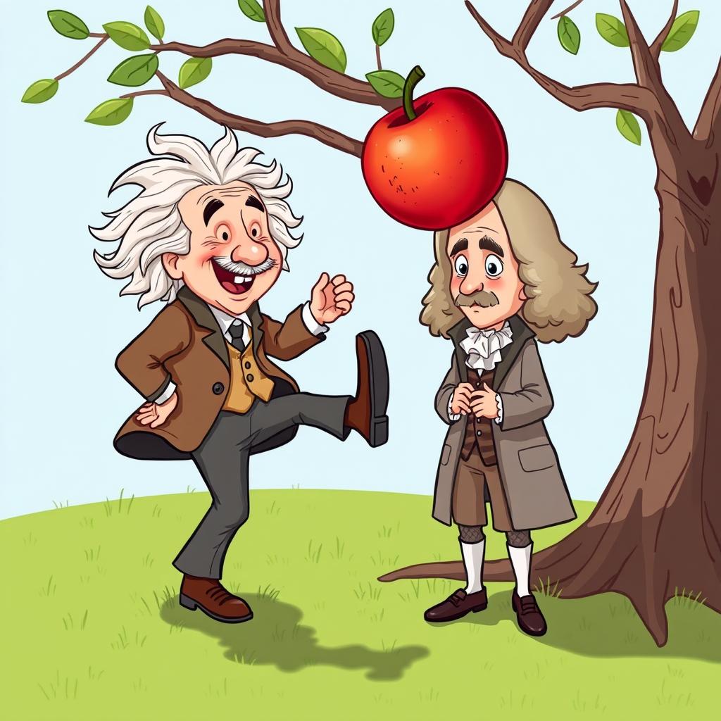 A humorous and imaginative illustration of Albert Einstein playfully kicking an apple that has just fallen onto the head of Isaac Newton