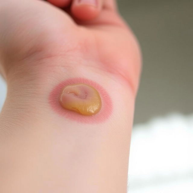 A close-up shot of a human forearm with a slight bruise resembling a dog bite, featuring detailed texture of the skin and the bruise itself showing shades of light purple and yellow