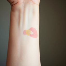 A close-up shot of a human forearm with a slight bruise resembling a dog bite, featuring detailed texture of the skin and the bruise itself showing shades of light purple and yellow