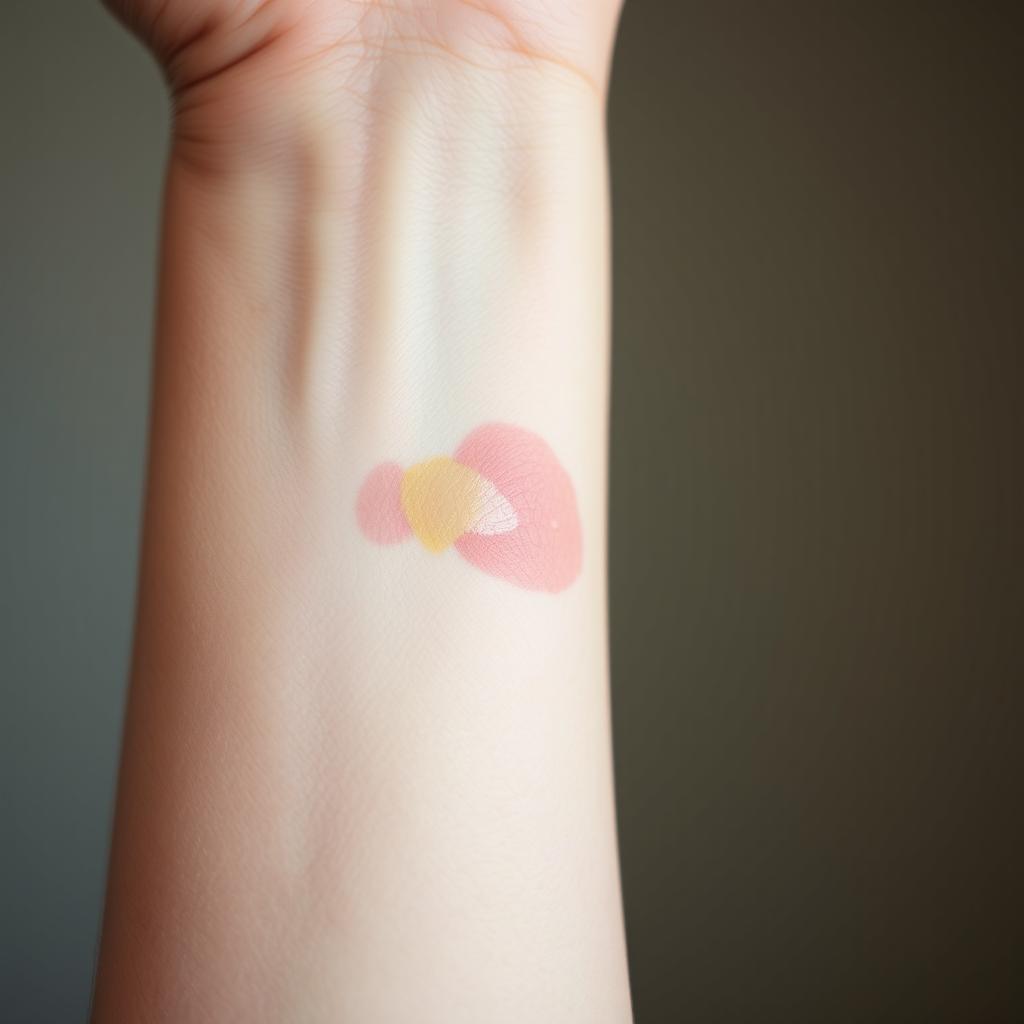 A close-up shot of a human forearm with a slight bruise resembling a dog bite, featuring detailed texture of the skin and the bruise itself showing shades of light purple and yellow