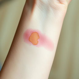 A close-up shot of a human forearm with a slight bruise resembling a dog bite, featuring detailed texture of the skin and the bruise itself showing shades of light purple and yellow