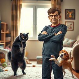 A comedic scene depicting a frustrated person standing with their arms crossed, frowning, beside a playful cat and a mischievous dog