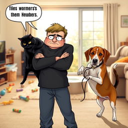 A comedic scene depicting a frustrated person standing with their arms crossed, frowning, beside a playful cat and a mischievous dog