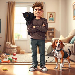 A comedic scene depicting a frustrated person standing with their arms crossed, frowning, beside a playful cat and a mischievous dog