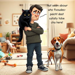 A comedic scene depicting a frustrated person standing with their arms crossed, frowning, beside a playful cat and a mischievous dog
