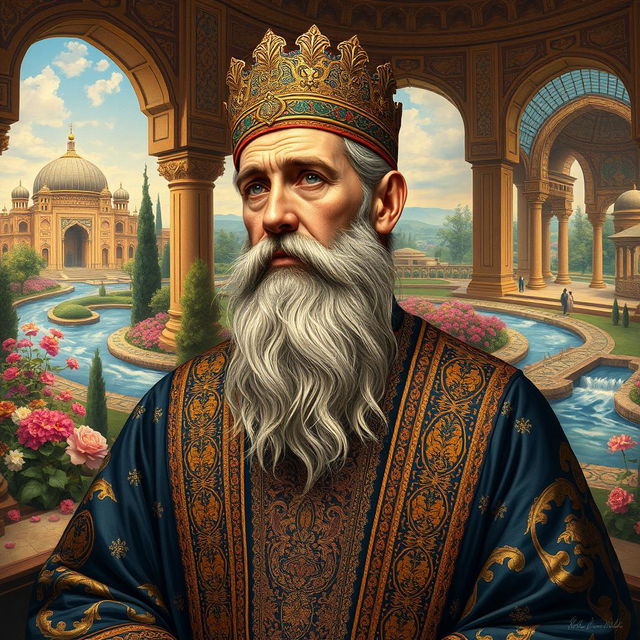 A beautiful portrait of Abu'l-Qâsem Ferdowsi Tusi, the legendary Persian poet, in a lavish historical setting