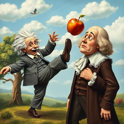 A humorous and imaginative depiction of Albert Einstein energetically kicking an apple that has just fallen onto the head of Isaac Newton