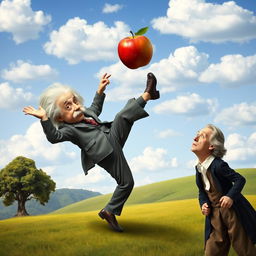 A humorous and imaginative depiction of Albert Einstein energetically kicking an apple that has just fallen onto the head of Isaac Newton
