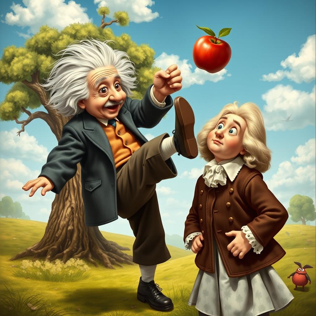 A humorous and imaginative depiction of Albert Einstein energetically kicking an apple that has just fallen onto the head of Isaac Newton