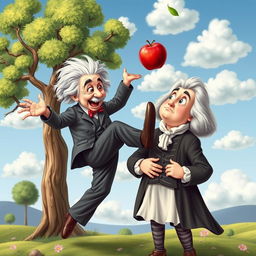 A humorous and imaginative depiction of Albert Einstein energetically kicking an apple that has just fallen onto the head of Isaac Newton